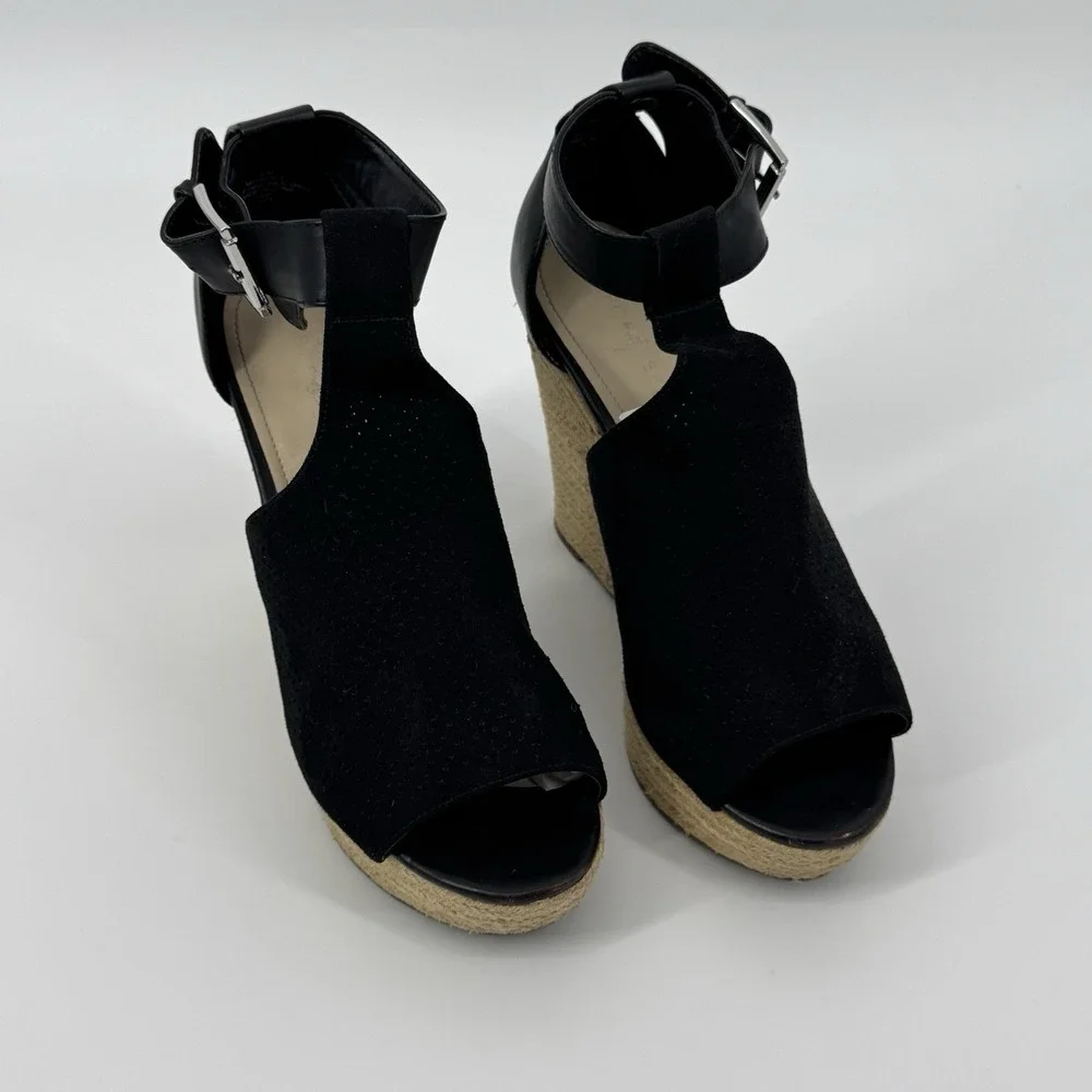 Marc Fisher‎ Black Espadrille Wedge Sandals Ankle Strap Peep Toe Size 9M Coastal
